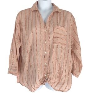 Club Z Collection 2X Blush Metallic Stripe Button Front Tie Hem Blouse
